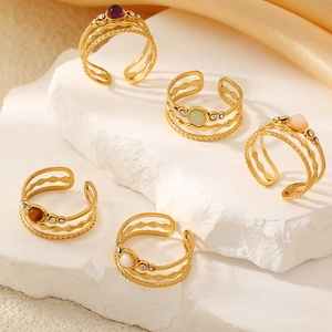 Vintage Hollow Multi Layer Open Ring Stainless Steel With Natural Stone And Cubic Zirconia For Women Retro Jewelry