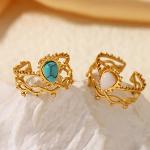 Vintage French Stainless Steel Ring 18K Gold Plated Natural Stone Teardrop Inlay Adjustable Open Finger Band Women