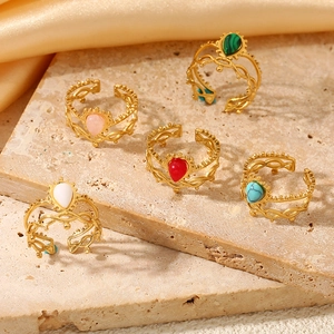 French vintage 18k gold plated stainless steel rings with colorful natural stone inlays