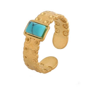 Bague vintage ajustable en acier doré 18k avec pierre de turquoise rectangulaire