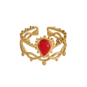 French vintage 18k gold plated stainless steel ring with a red teardrop stone