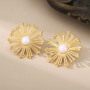 18k gold plated stainless steel sunburst earrings with central white pearl inlay