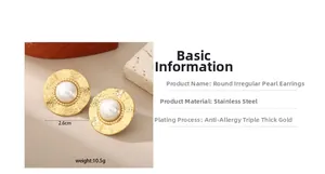 Detailed specs of irregular gold pearl earrings featuring size and material info