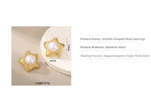 Detail view of gold starfish earrings with white pearls and product dimension specs