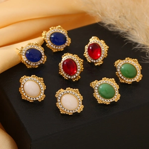 Boucles d'oreilles vintage en acier inoxydable plaqué or 18K avec pierres fines ovales
