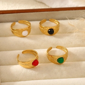 Set of four vintage gold stainless steel open rings with colorful natural stones