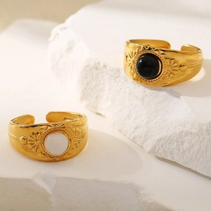 Bohemian gold stainless steel open rings with sunburst pattern and natural stones
