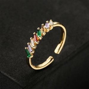 Modern gold-plated adjustable ring featuring colorful rectangular zircon stones in a geometric design