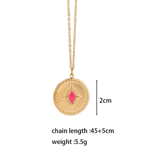 Golden 18k plated stainless steel coin necklace with pink enamel eye pendant detail
