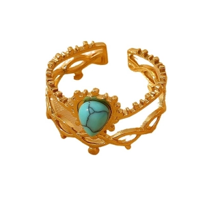 Adjustable 14K gold plated stainless steel ring with crown-style turquoise gemstone