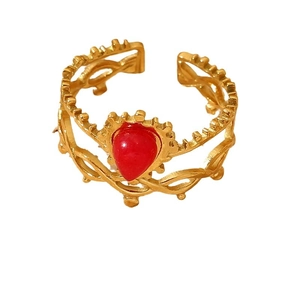 Bague vintage en acier inoxydable plaqué or 18k avec pierre rouge en forme de cœur