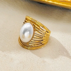 Stainless Steel Artificial Pearl Ring For Women 18K Gold Plated Vintage Irregular Wide Adjustable Open Rings Jewelry Accessory