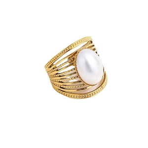 Wide multi-layer 18K gold plated textured ring featuring a large oval pearl center