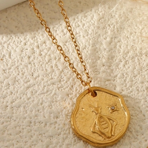 Stainless Steel Pendant Necklace Gold Plated Zircon Bee Evil Eye Heart Hammered Jewelry Waterproof Elegant For Women