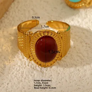 Detailed size view of retro stainless steel ring with red stone and dimensions