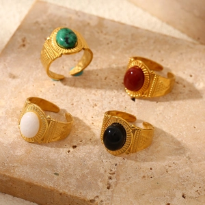 Vintage Open Adjustable Ring Stainless Steel Inlaid Natural Stone Oval Gemstone Bohemian Style Jewelry For Women