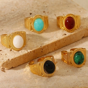 Vintage gold plated stainless steel rings set with colorful natural stones