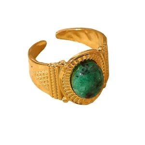 Vintage gold-plated stainless steel open ring with textured band and oval green stone