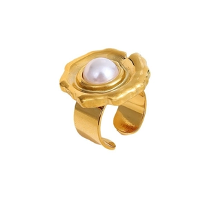18k gold plated stainless steel open ring with lava texture and large pearl inlay