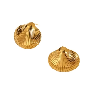 Minimalist 18k gold plated stainless steel seashell stud earrings with ribbed texture