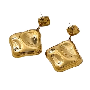 French style irregular hammered square gold earrings with liquid metal texture for women