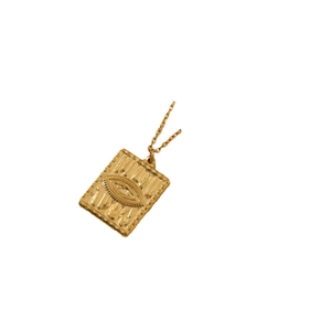 Bohemian gold rectangle Evil Eye pendant necklace with hammered vintage texture
