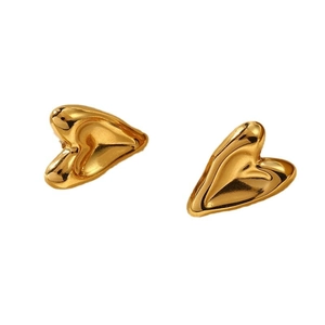 Polished 18K gold heart studs featuring a liquid metal design on a white background