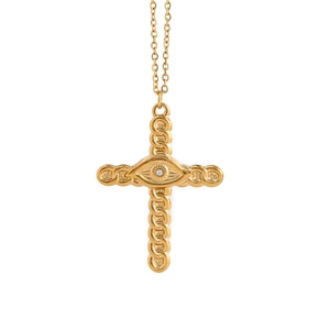Golden evil eye cross pendant necklace with rope texture and zircon center