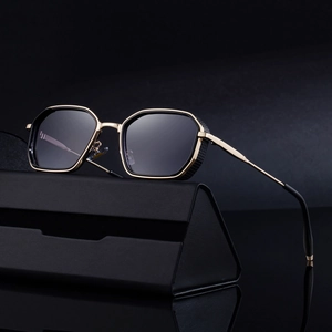 Fashionable black square sunglasses with gold metal frame and leather folding case