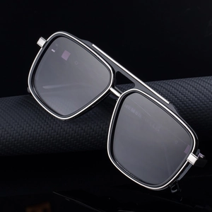 Men's square polarized sunglasses with black frames and silver metal trim detail