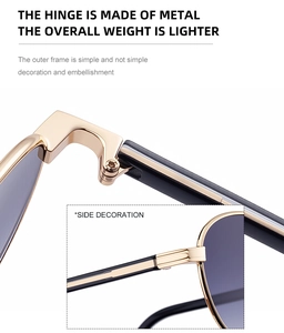 Detailed macro view of durable gold metal hinge and sleek temple on sunglasses