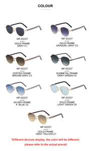 Multiple color variations of oval metal frame sunglasses showing C1 to C7 lens options