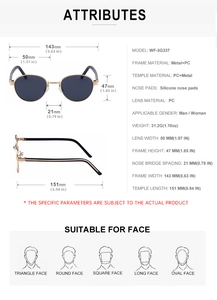 Detailed size guide and material specs for oval metal and PC sunglasses model WF-5G337