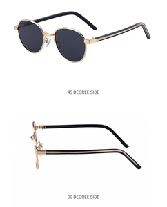 Detail of oval metal sunglasses showing the 45 and 90 degree side view with textured temples