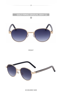 Front and 45-degree views of oval gold metal sunglasses with gradual gray lenses
