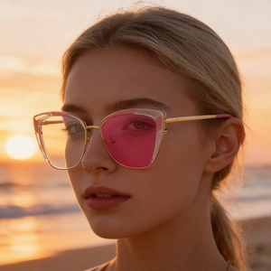 Cat eye sunglasses with pink lenses and gold metal frames worn by model at sunset