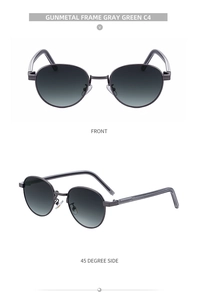 Front and 45-degree side view of oval gunmetal sunglasses with gray green lenses