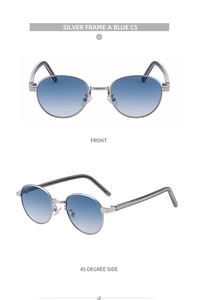 Detailed front and side view of oval silver sunglasses with blue gradient lenses