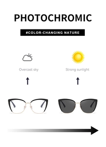 Cat-eye photochromic sunglasses showing lens color change from clear to dark in sunlight