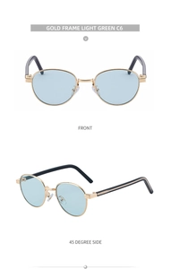 Detail of gold metal oval sunglasses with light green lenses in front and side view