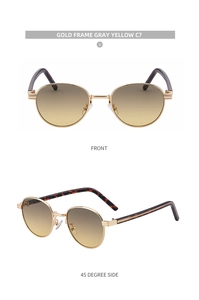 Detailed views showing the vintage gold oval metal frame with dark tortoise temple accents