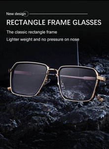 Detail showing high-quality black and gold rectangle frame sunglasses on a dark rock base