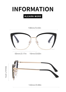 Detailed size information for cat eye sunglasses featuring black and gold frames