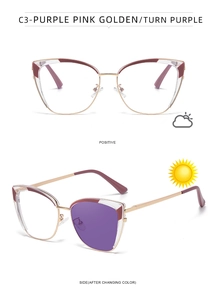 Cat-eye photochromic glasses showing clear lenses and UV-activated purple tint