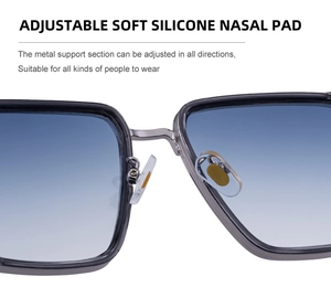 Detail of adjustable soft silicone nose pads on square metal frame sunglasses