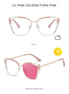 Detailed view of cat-eye photochromic glasses showing pink metal frame and lens color change