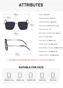 Detailed size chart for square sunglasses showing frame dimensions and specifications