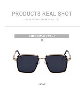 Front view of gold frame square sunglasses with dark gray lenses and black ear tips