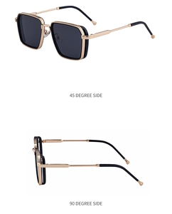 Detail view of square sunglasses with gold metal frames from 45 and 90 degree angles