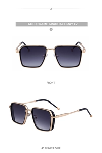 Front and side view of square gold metal sunglasses with gradient grey lenses